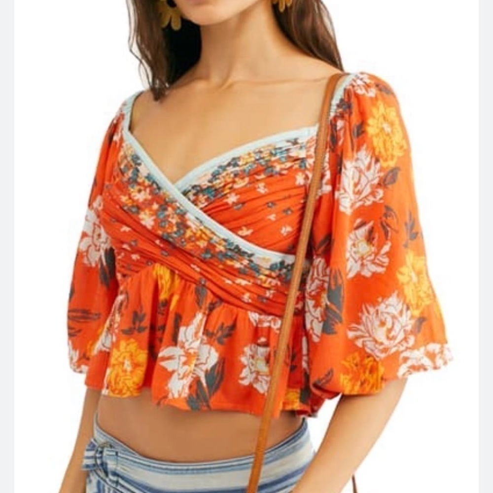 FREE PEOPLE Mirabella Floral Wrap Front Blouse Burnt Orange Large